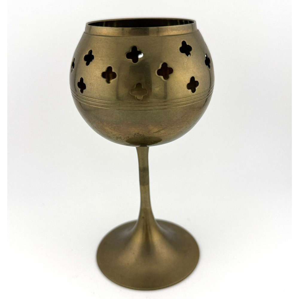 Vintage solid brass goblet cup style candle holder cross detail decor 5.5"